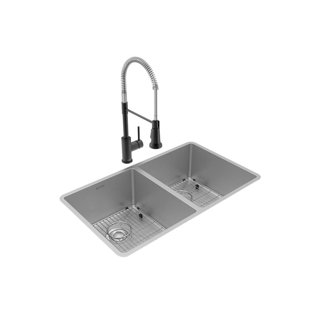 Elkay Crosstown 18 Gauge Stainless Steel 31-1/2'' x 18-1/2'' x 9'', Equal Double Bowl Undermount Sink and Faucet Kit with Bottom Grid and Drain