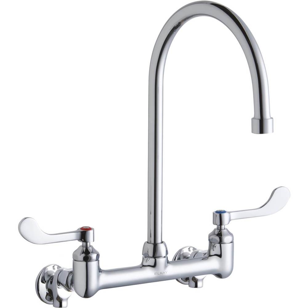 Elkay Scrub/Handwash 8'' Centerset Wall Mount Faucet with 8'' Gooseneck Spout 4in Wristblade Hndle 1/2 Offset InletsPlusStop
