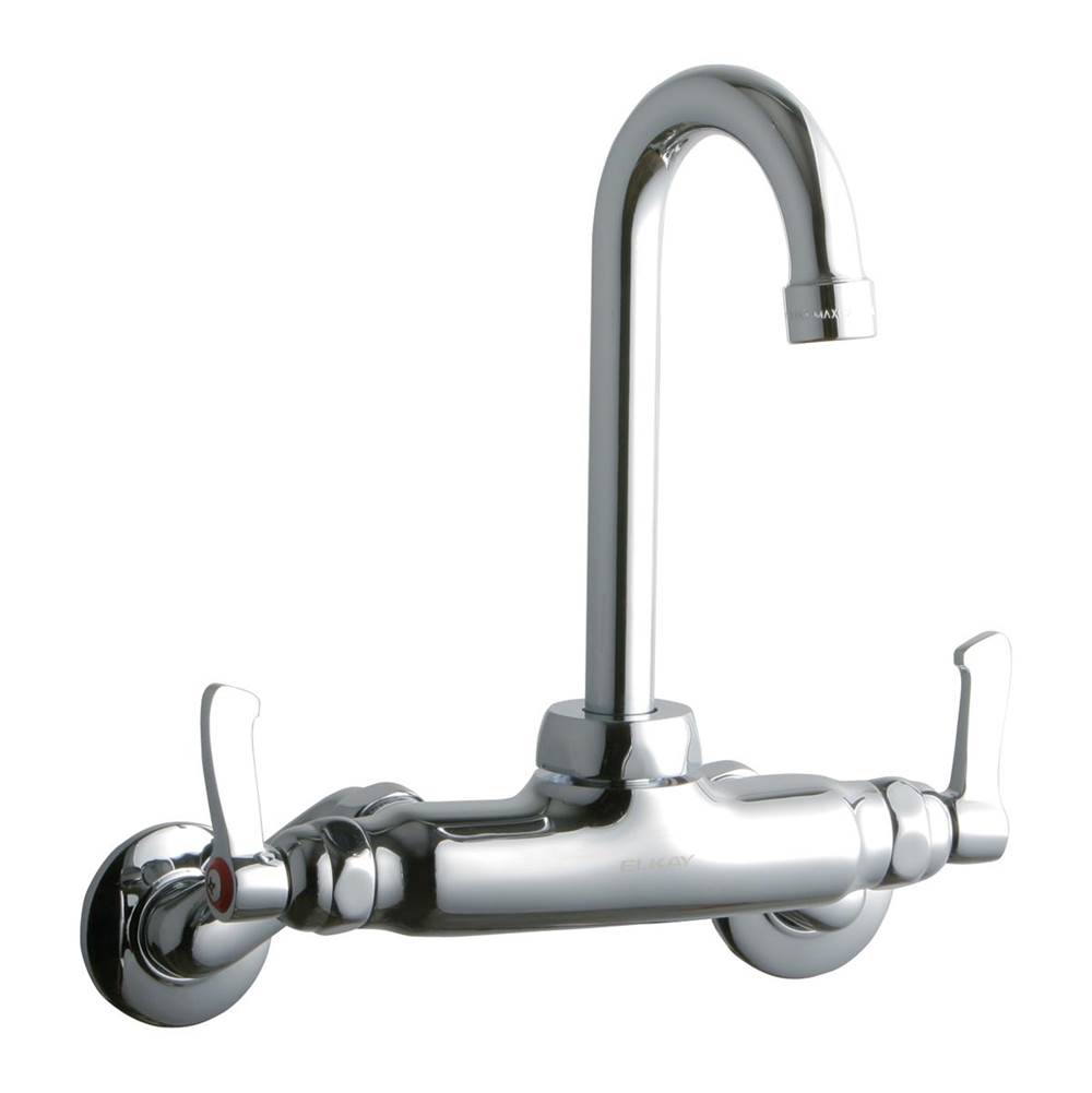 Elkay Foodservice 3-8'' Adjustable Centers Wall Mount Faucet with 4'' Gooseneck Spout 2'' Lever Handles 2in Inlet
