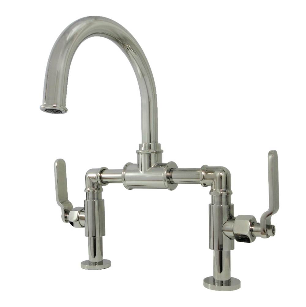 Kingston Brass Whitaker Industrial Style Bridge Bathroom Faucet with Pop-Up Drain, Polished Nickel