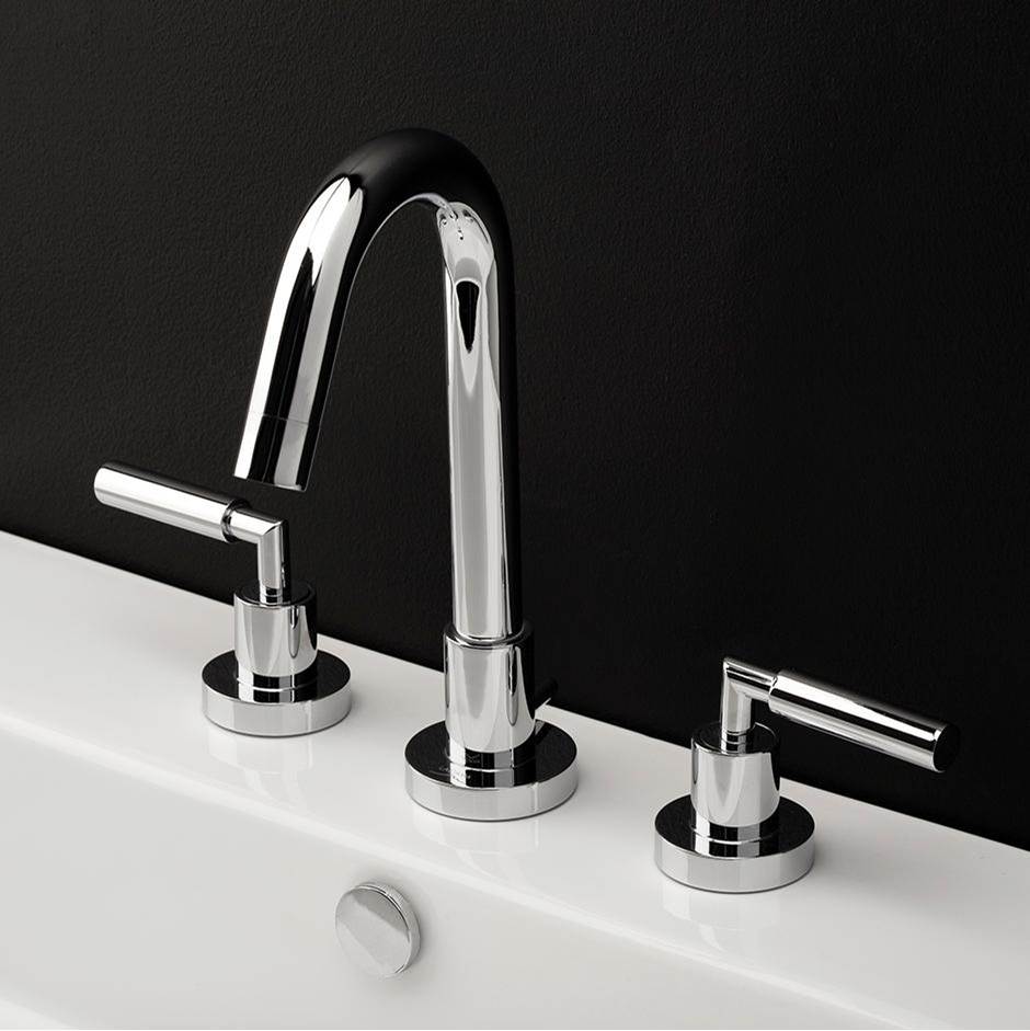 Lacava Deck-mount three-hole faucet with a goose-neck swiveling spout, two lever handles, and a pop-up drain.