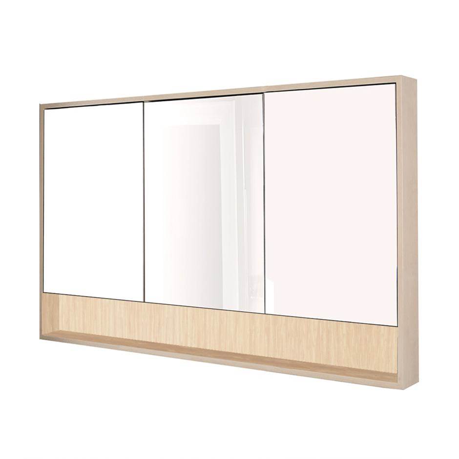 Lacava Surface-mount medicine cabinet with three mirrored doors, three adjustable glass shelves in each section and LED lights in cubby.