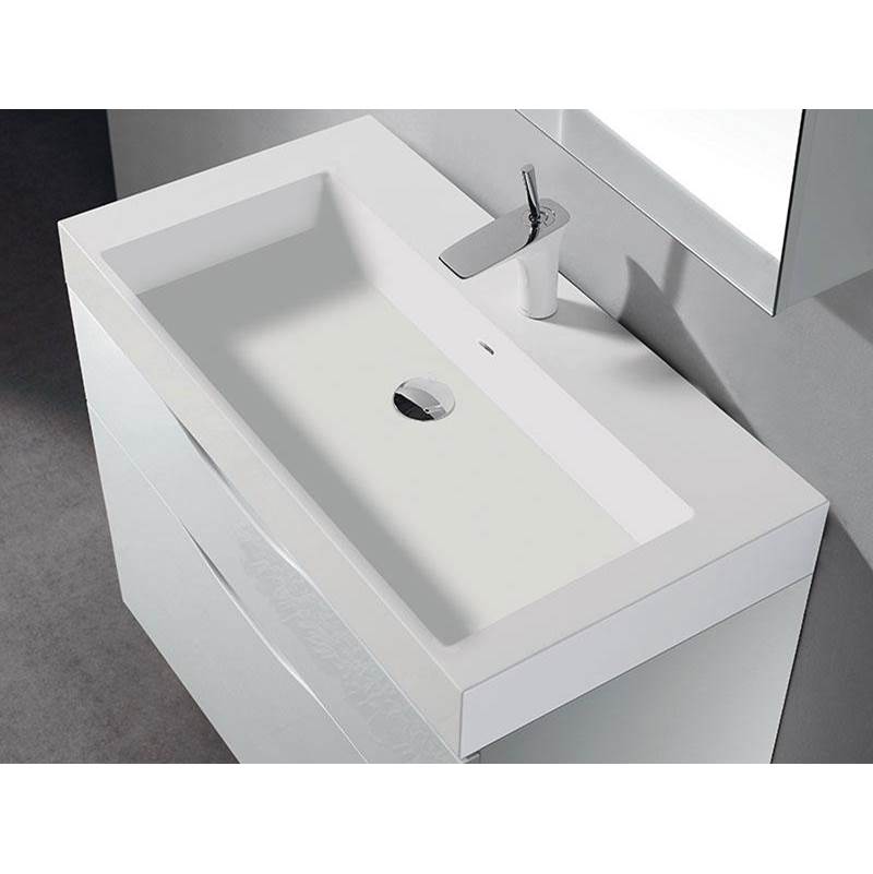 Madeli 18''D-Trough 36''W Solid Surface , Sink. Glossy White, Single Faucet Hole. W/Overflow, Basin Depth: 5-3/4'', 35-7/8'' X 18-1/8'' X 4-1/2''
