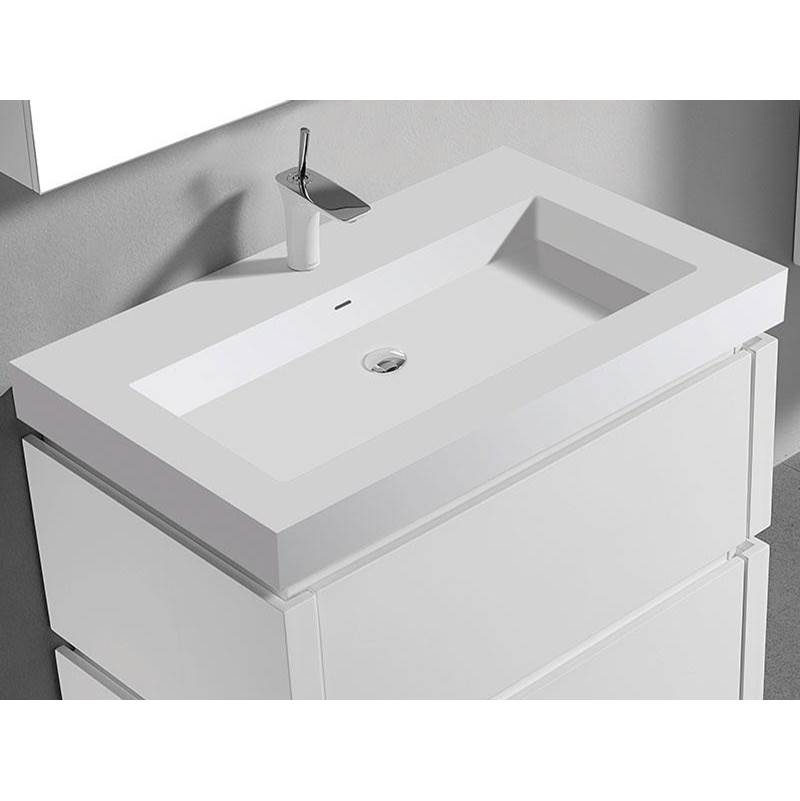 Madeli 22''D-Trough 36''W Solid Surface , Sink. Glossy White, Single Faucet Hole. W/Overflow, Basin Depth: 5-3/4'', 35-7/8'' X 22-1/8'' X 4-1/2''