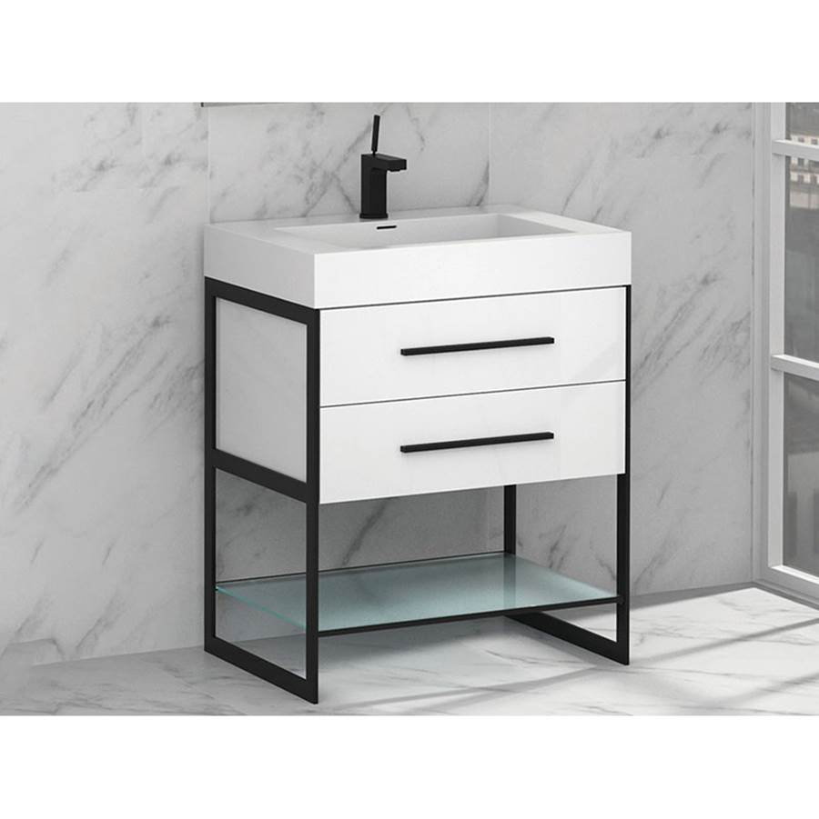 Madeli Silhouette 30''. White, Free Standing Cabinet, Polished Nickel H-Legs (X2) /, Handles (X2) / Glass Shelf (X1), 29-1/4'' X 22'' X 33''