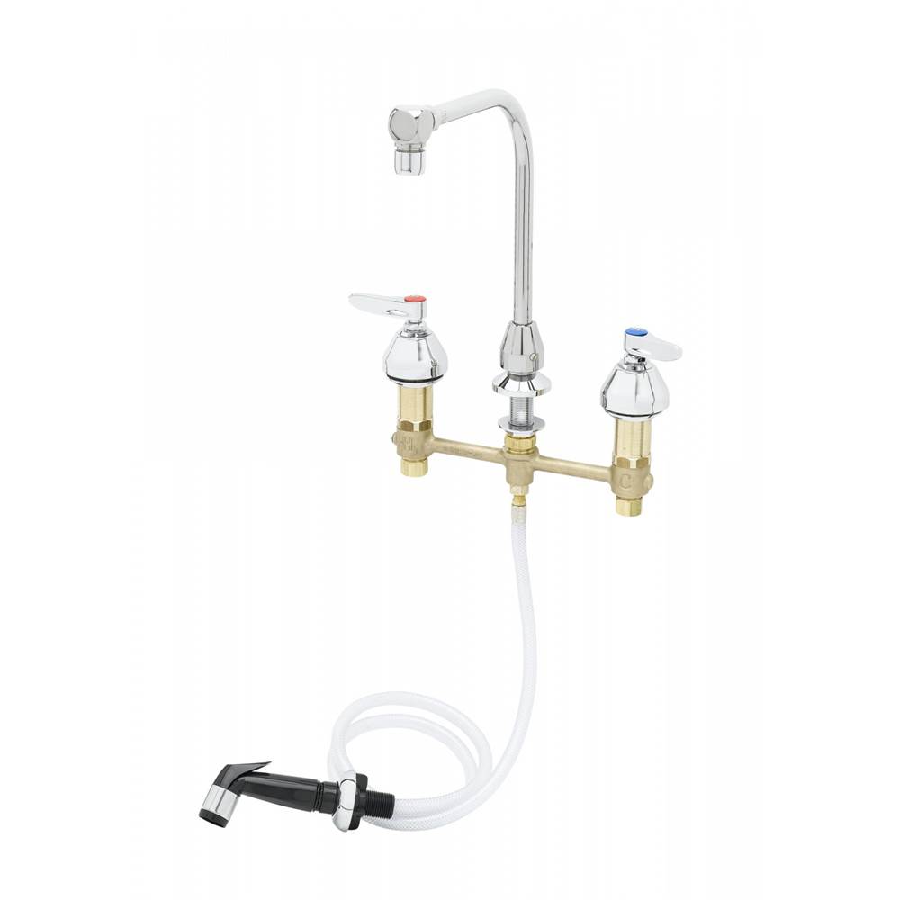T&S Brass Medical Faucet, 8'' Deck Mount, High-Arc Gooseneck & Aerator, Lever Handles, Sidespray
