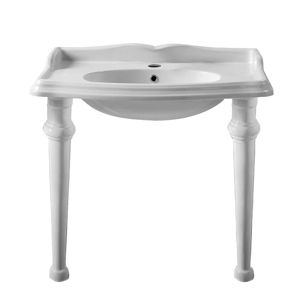 Whitehaus Collection Isabella Collection Rectangular Console with integrated oval bowl, single hole faucet drill, backsplash, ceramic leg support and chrome overflow