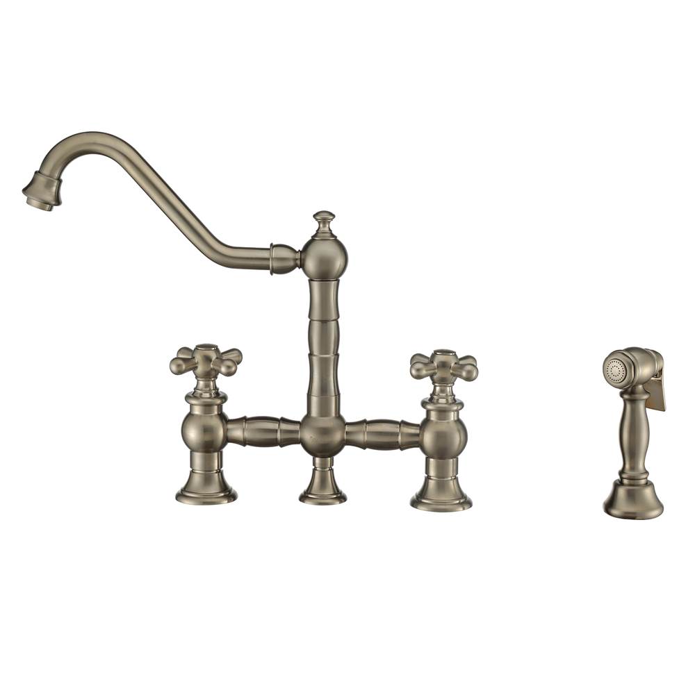 Whitehaus Collection Vintage III Plus Bridge Faucet with Long Traditional Swivel Spout, Cross Handles and Solid Brass Side Spray