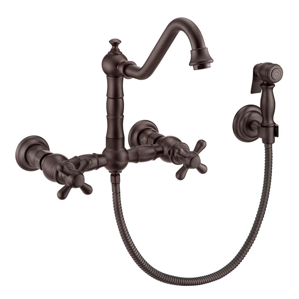 Whitehaus Collection Vintage III Plus Wall Mount Faucet with a  Long Traditional Swivel Spout, Cross Handles and Solid Brass Side Spray