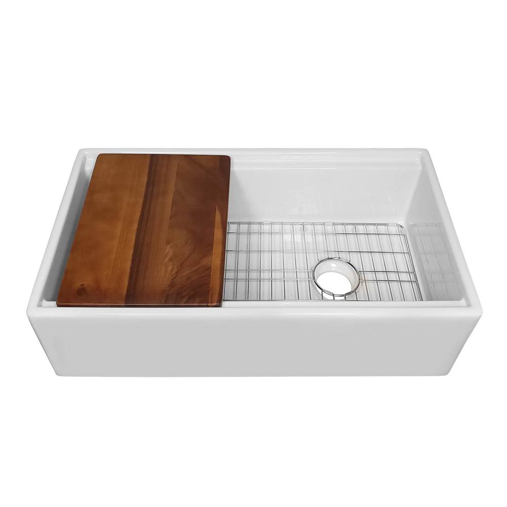 Whitehaus Collection Whitehaus Collection 33'' Reversible Single Bowl Fireclay Sink Set with a Smooth Front Apron, Walnut Wood Cutting Board and Stainless Steel Grid