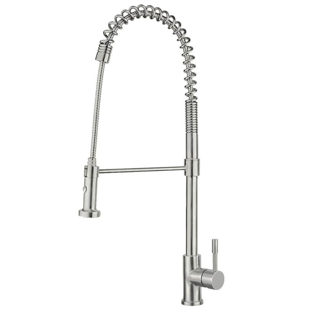 Whitehaus Collection Waterhaus Lead Free, Solid Stainless Steel Commerical Single-Hole Faucet with Flexible Pull Down Spray Head, Swivel Spout Support Bar and Solid Lever Handle
