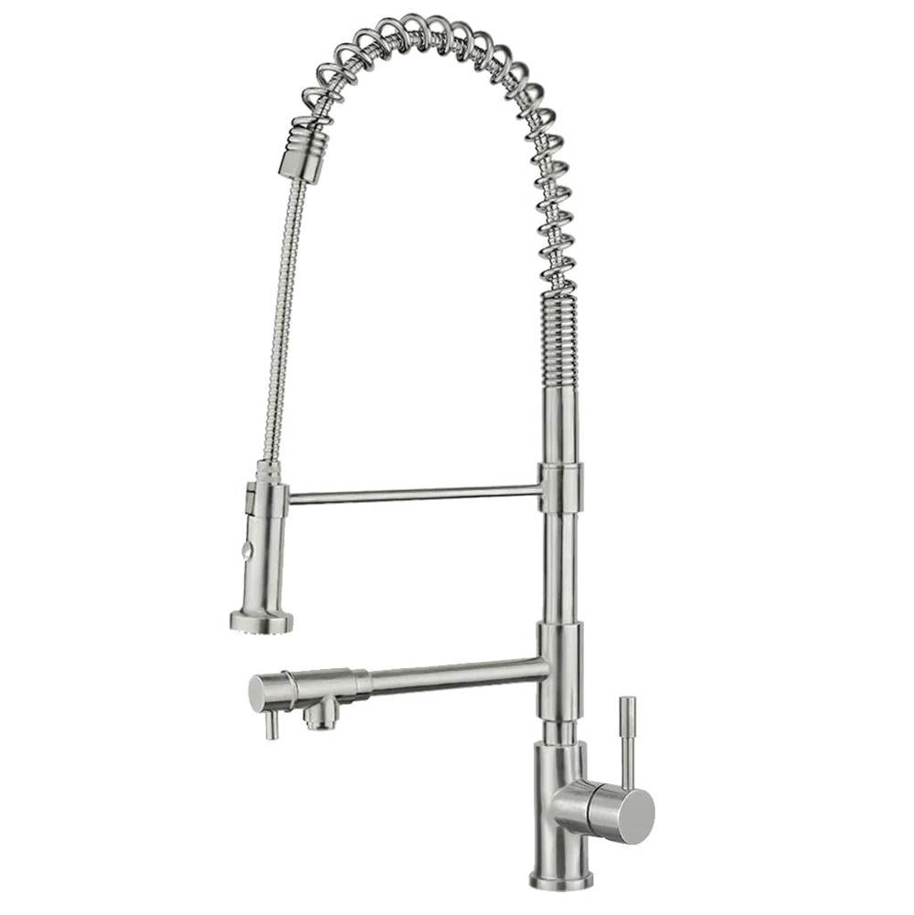 Whitehaus Collection Waterhaus Lead Free, Solid Stainless Steel Commerical Single-Hole Faucet with Flexible Pull Down Spray Head, Swivel Support Bar & 2 Control Levers