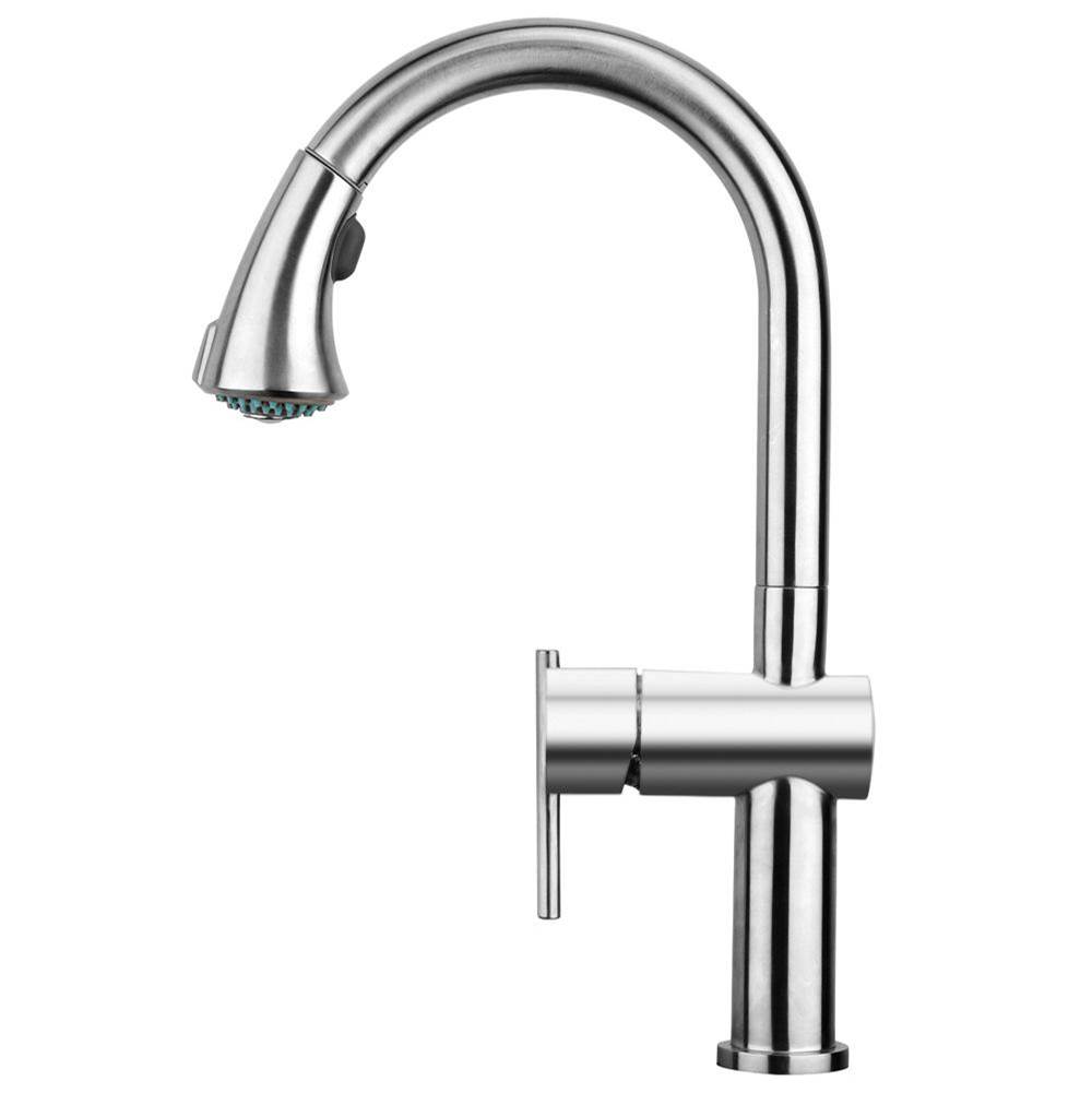 Whitehaus Collection Waterhaus Lead Free, Solid Stainless Steel Single-Hole Faucet with Gooseneck Swivel Spout Pull Down Spray Head and Solid Lever Handle