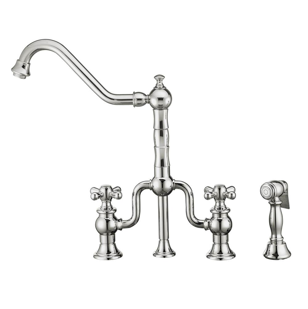 Whitehaus Collection Twisthaus Plus Bridge Faucet with Long Traditional Swivel Spout, Cross Handles and Solid Brass Side Spray