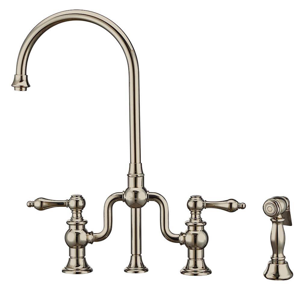 Whitehaus Collection Twisthaus Plus Bridge Faucet with Gooseneck Swivel Spout, Lever Handles and Solid Brass Side Spray