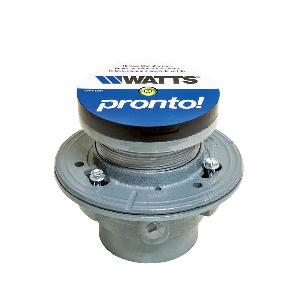 Watts Pronto Floor Drain, CI, Pre/Post-Pour Adjust, Level Shims/Bubble, Anchor Flange, Rev. Clamp Collar,8 IN NB Strainer,4 IN PO Outlet